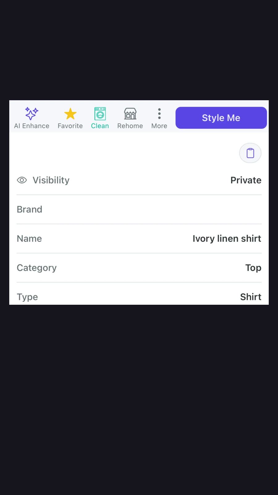 Review the name, color and category after a garment is processed.