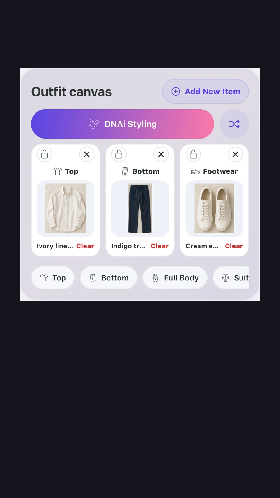 Start with a few wardrobe pieces on the actual Outfit Builder canvas.