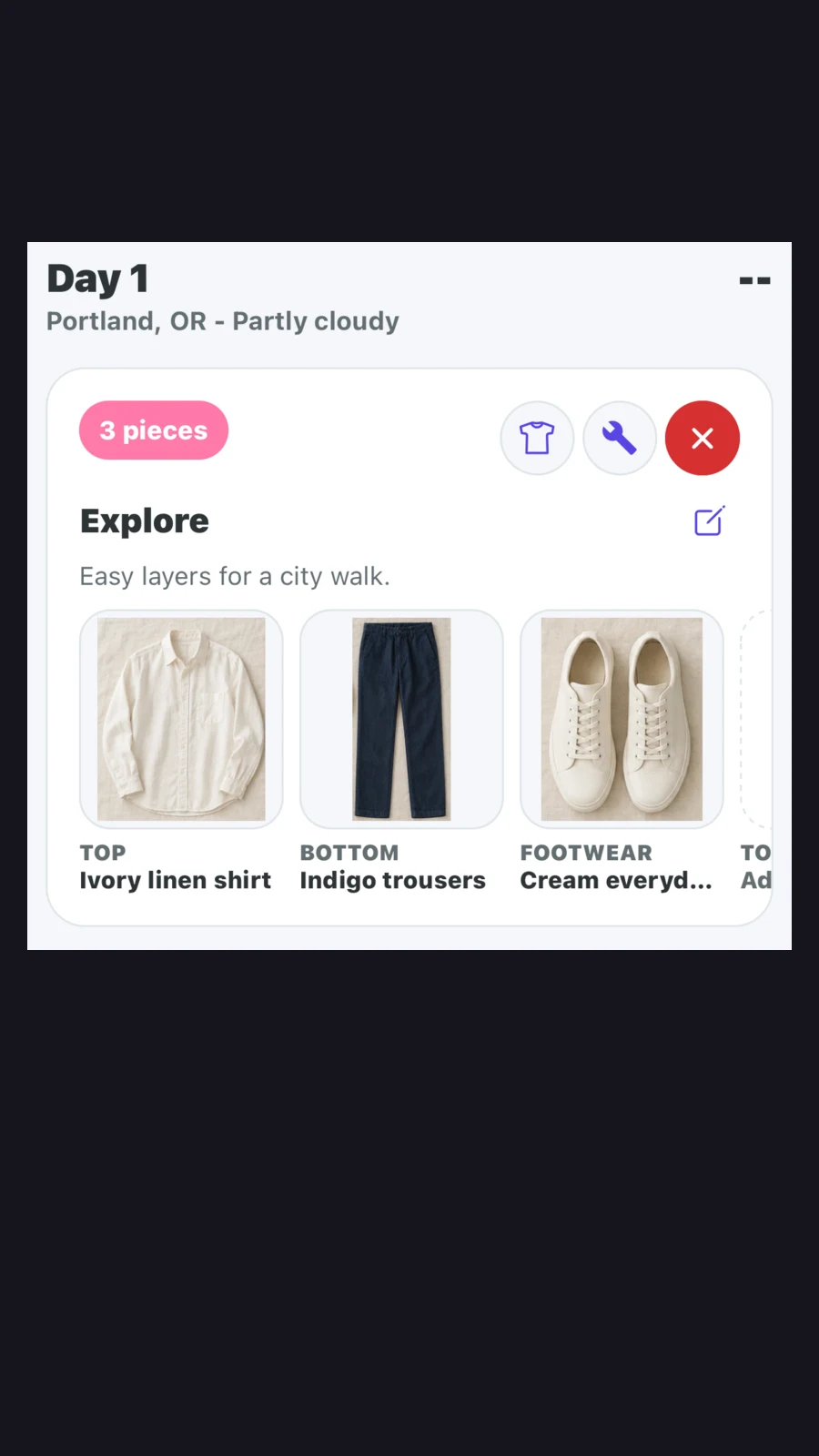 Trip Planner groups sample looks around the moments in your trip.