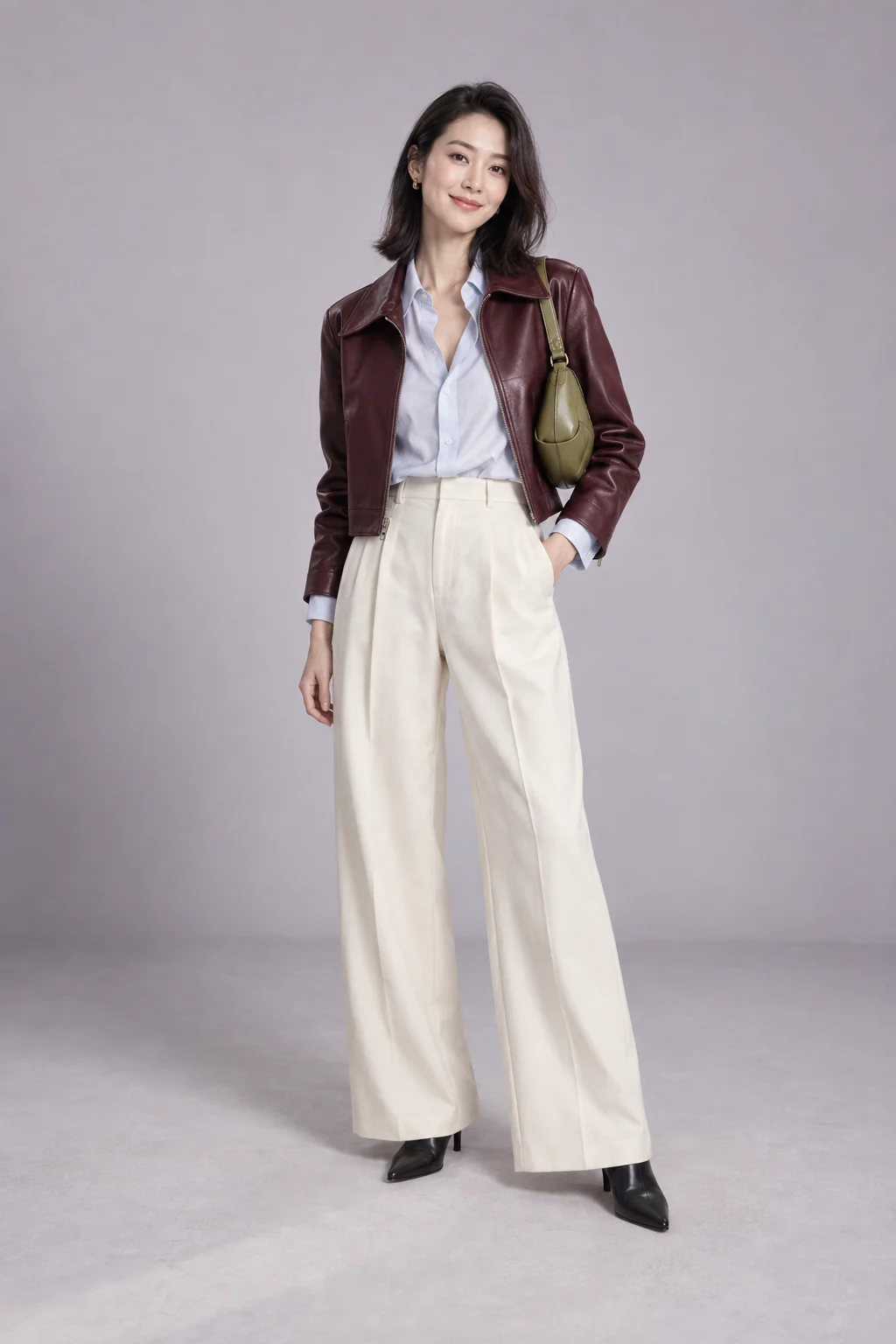 An Asian woman wearing a burgundy leather jacket, ice-blue shirt, ivory wide-leg trousers and olive bag