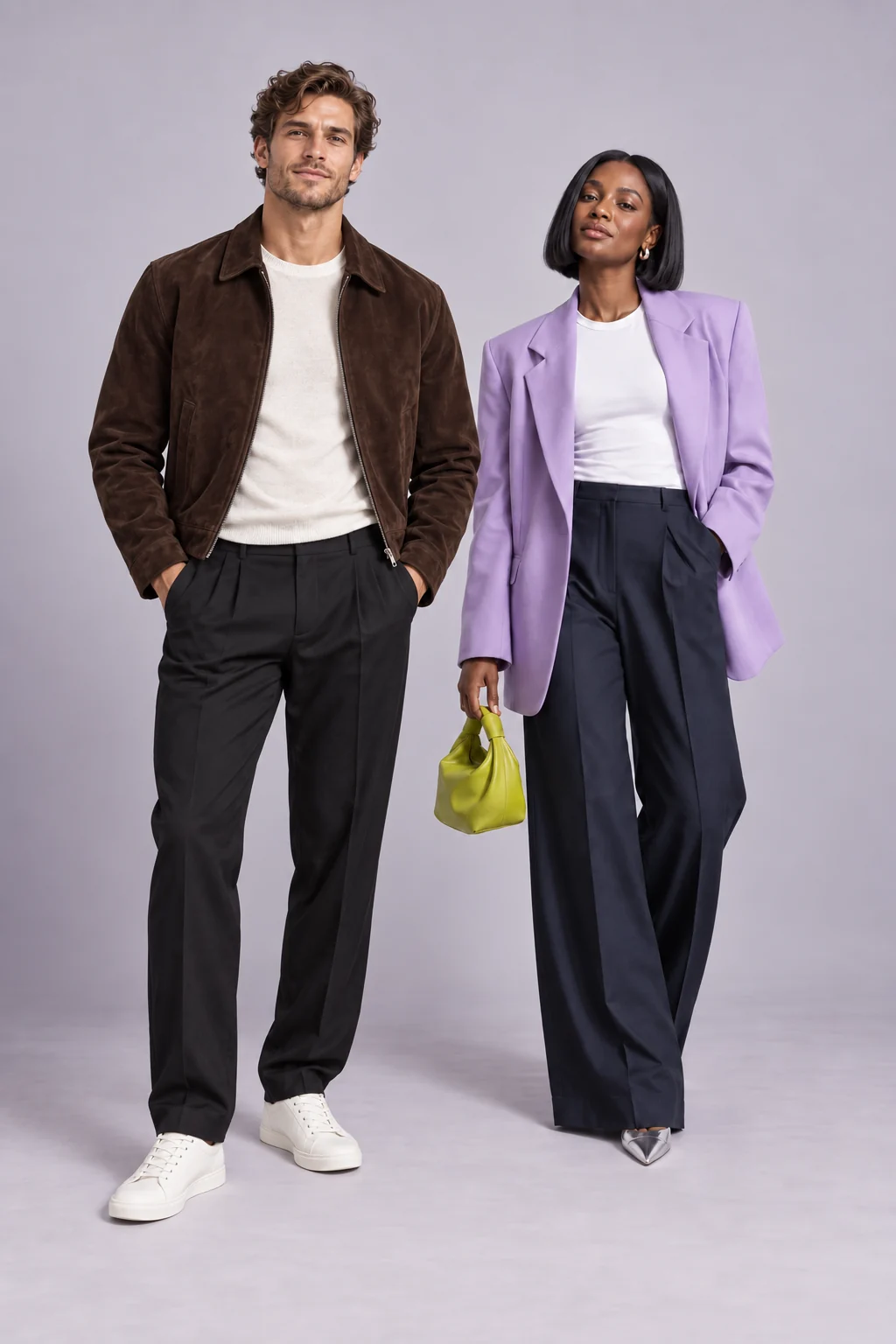 Two models in different personal styles: chocolate suede and lavender tailoring