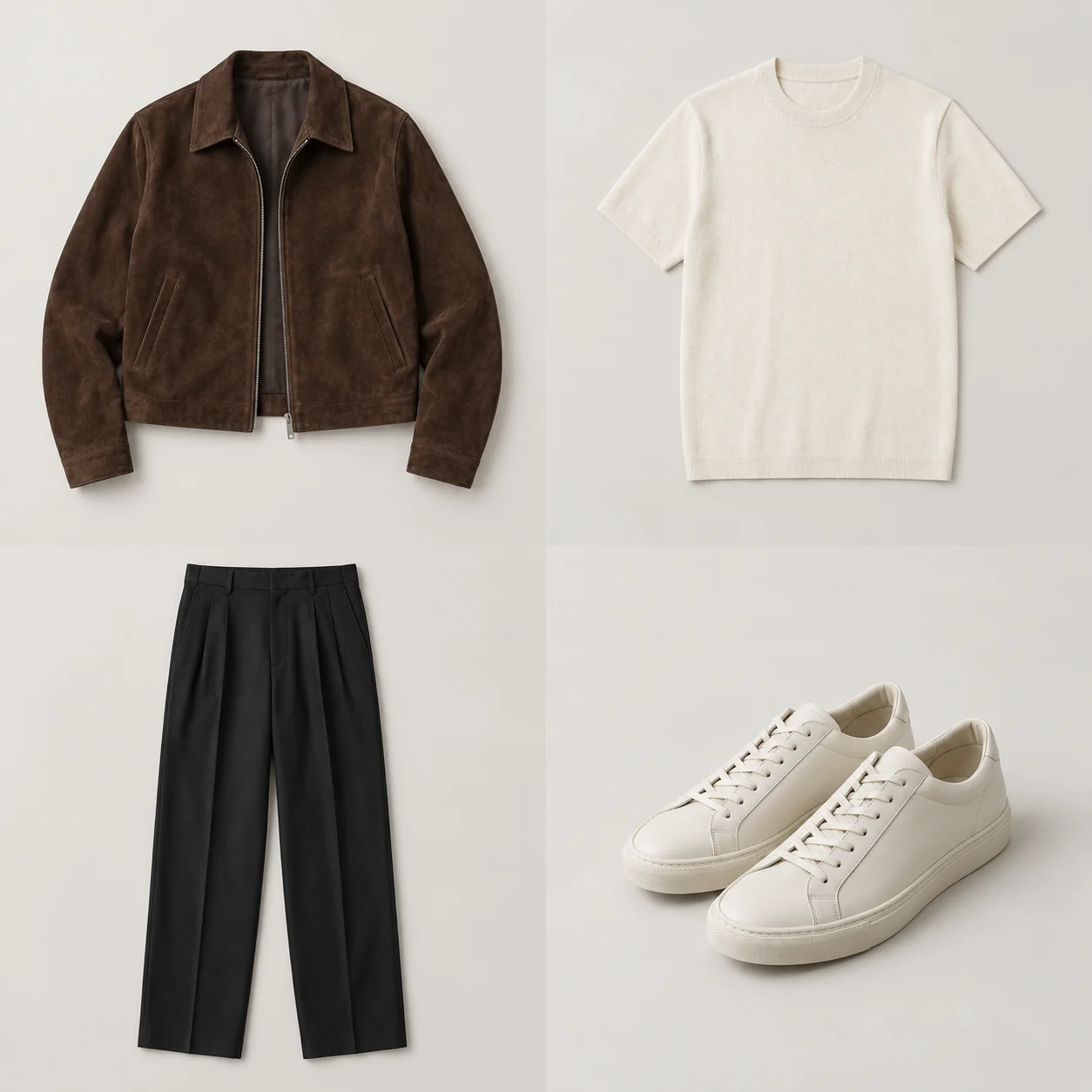 Illustrative flat lay of a chocolate suede jacket, ivory tee, black trousers and cream sneakers